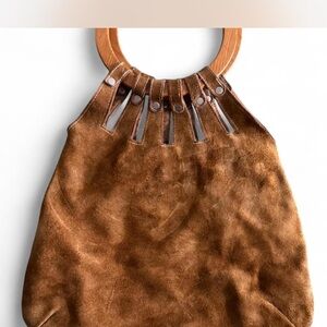Brown Suede Women's Bag with Wooden Handle